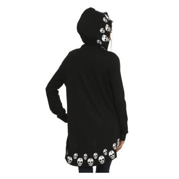 Hot Topic Black & White Skull Goth Punk Ruffle Hooded Cardigan Size Large - Picture 2 of 11